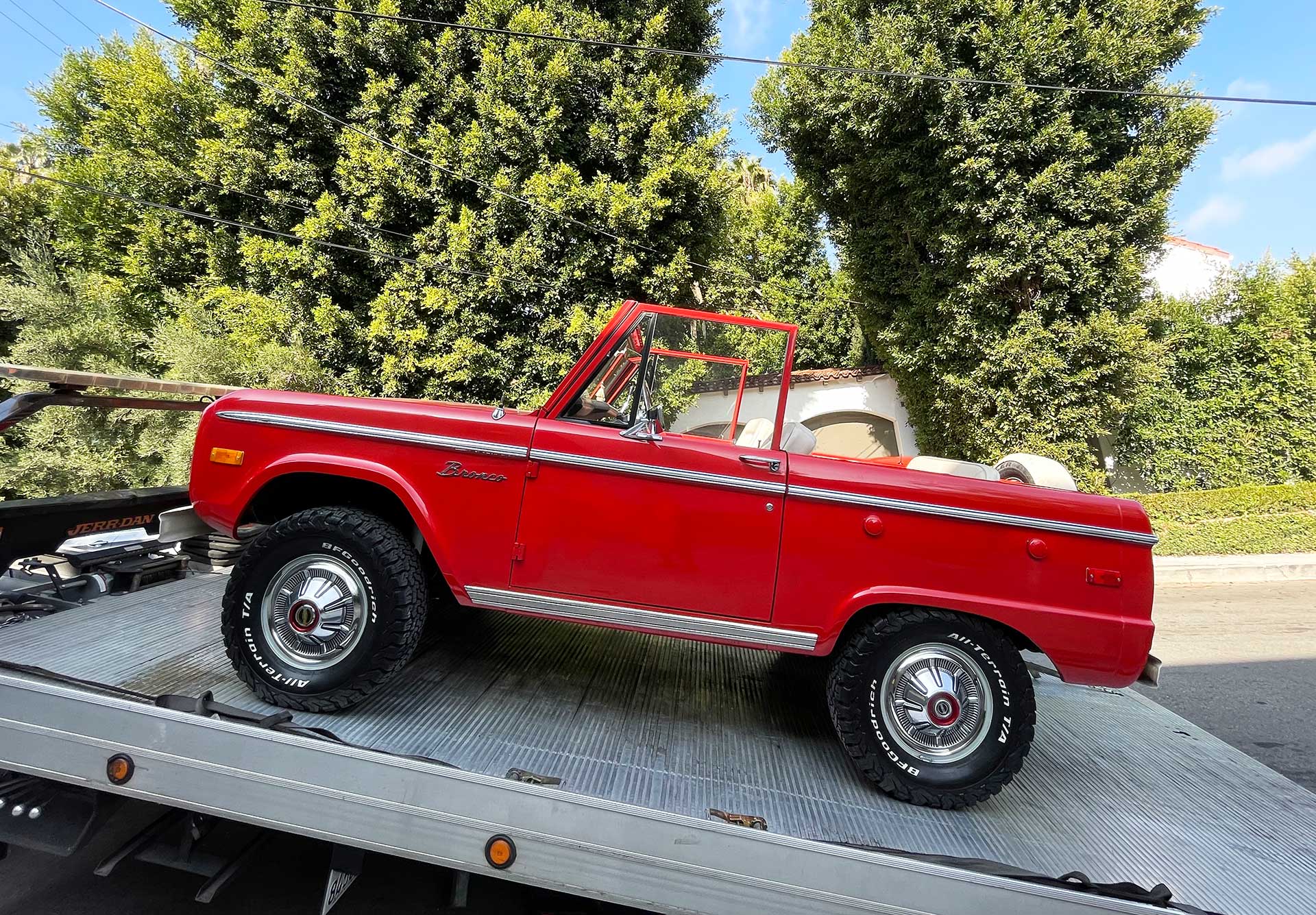 Classic Ford Bronco towed to Bodyshop